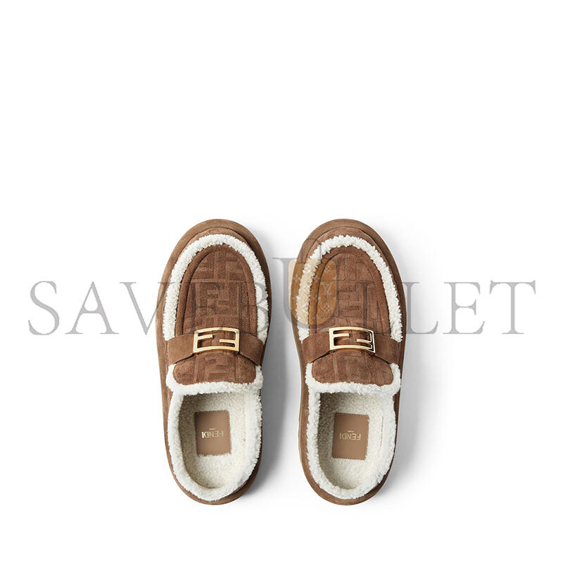 FENDI APRES CHIC BROWN FF SUEDE AND SHEARLING SABOTS 8R8777ASA1F0C23